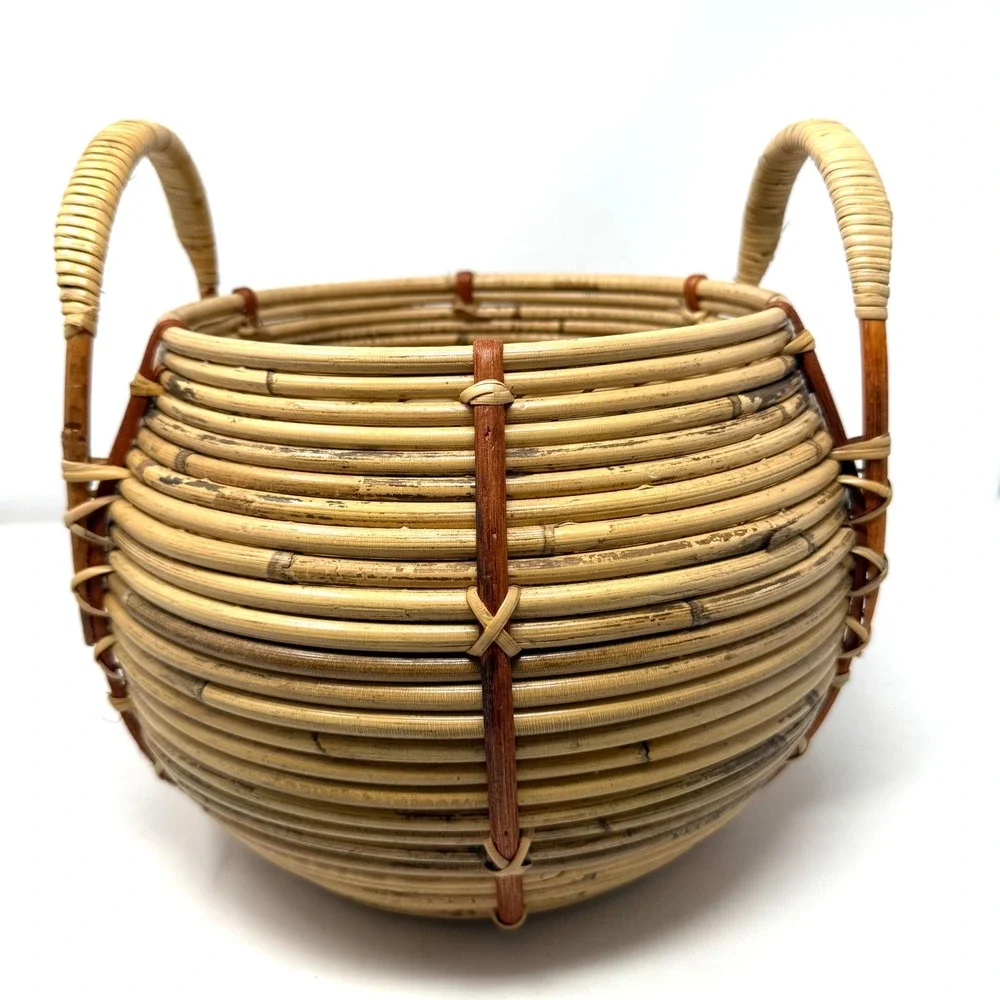 Handwoven Coiled Rattan Basket Round Bulbous‎ Boho Storage with Handles